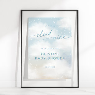 Poster Sur le nuage 9 nuages de rêve Baby shower bleu Acc