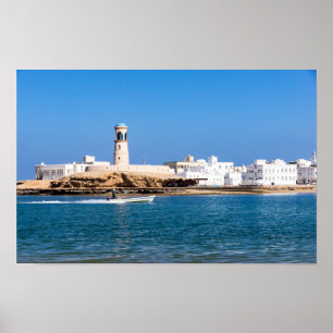Poster Sur Lighthouse with fisherman boat - Sur, Oman