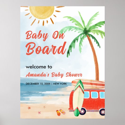 Poster Surf Beach Bébé À Bord Baby shower Bienvenue (Devant)