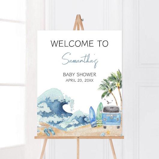 Poster Surf Board Beach Baby shower Bienvenue
