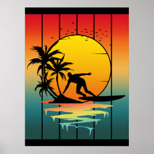 Poster Surf de coucher de soleil vintage surfeur océan