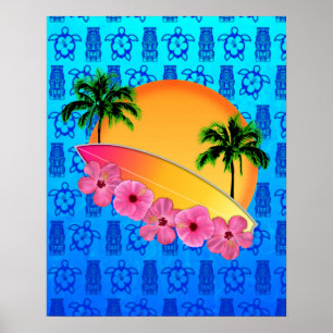 Poster Surf et fleurs d'Hibiscus