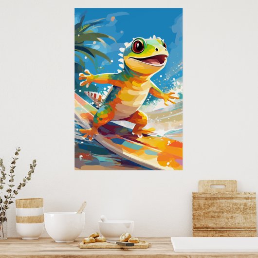 Poster Surf Gecko Riding Les Vagues (Cuisine)