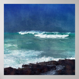 Poster Surf hawaïen Vagues océaniques Aqua Turquoise Blue