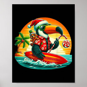 Poster Surf Père Noël Toucan Et Chien Drôle Tropical Chri