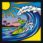 Poster Surf Pop Art<br><div class="desc">Graphique de haute qualité d'une scène de surf dans un style pop art,  avec un surfeur avec des contours audacieux et des couleurs plates et vives chevauchant une vague stylisée.</div>