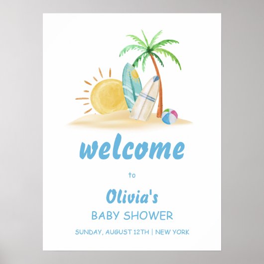 Poster Surf Sunshine Beach Palm Tree Baby shower Bienvenu (Devant)