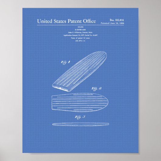 Poster Surfboard 1958 Patent Art Blueprint (Devant)