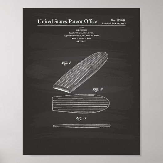 Poster Surfboard 1958 Patent Art Chalkboard (Devant)