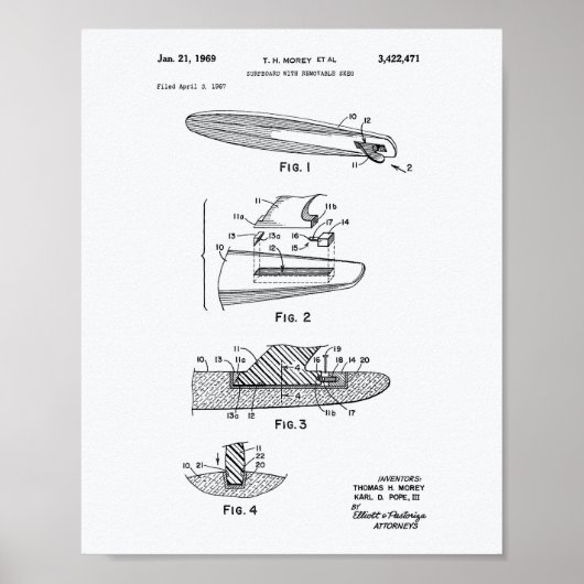 Poster Surfboard 1969 Patent Art Livre blanc (Devant)