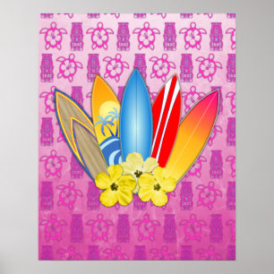 Poster Surfboard and Hibiscus Flowers