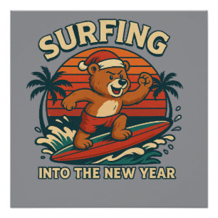 Poster Surfer dans la nouvelle année - Ours vintage rétro