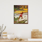 Poster Surfer sur la plage tropicale Honolulu, voyage vin (Cuisine)