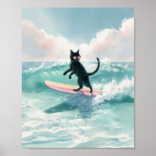Poster Surfer Whimsical Black Cat aquarelle Art