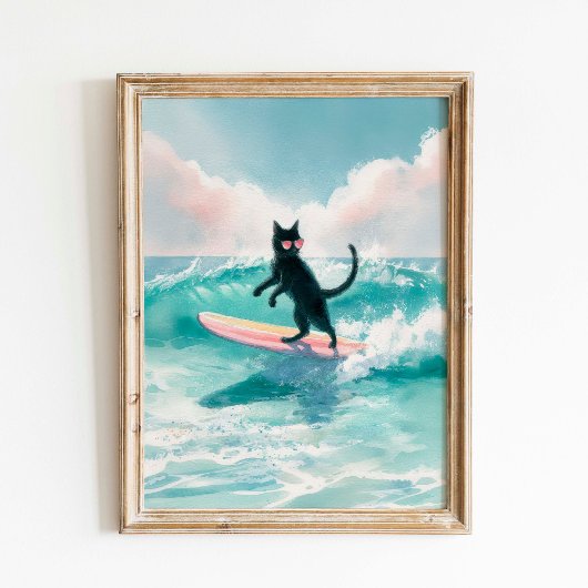 Poster Surfer Whimsical Black Cat aquarelle Art
