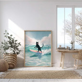 Poster Surfer Whimsical Black Cat aquarelle Art