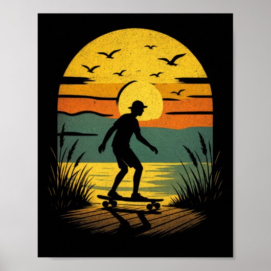 Poster Surfeur au coucher du soleil - Plage de surf rétro (Devant)