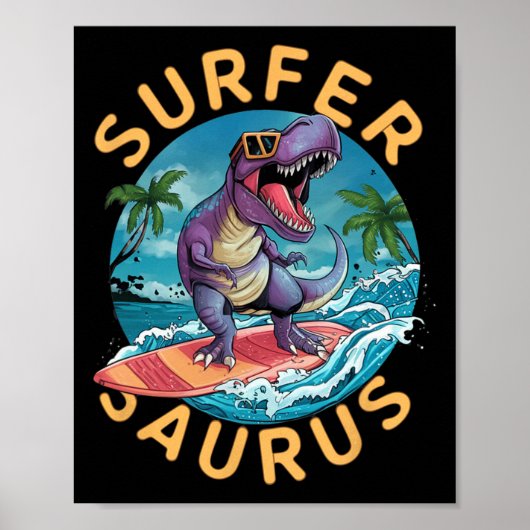 Poster Surfeur Saurus T-rex Dinosaures Surfant Cavalier D (Devant)