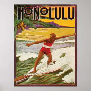 Poster Surfeur sur la plage tropicale d'Honolulu, voyage