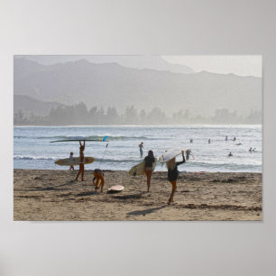 Poster Surfeurs du soir, Hanalei Bay, Kauai