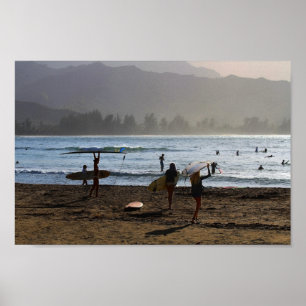 Poster Surfeurs du soir, Hanalei Bay, Kauai