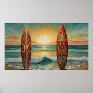 Poster Surfing Ocean Waves coucher de soleil été aube