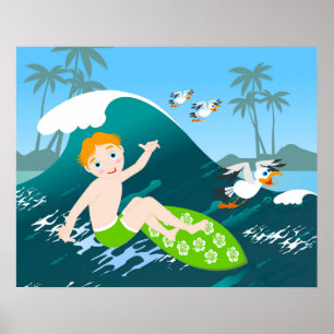 Poster Surfs de garçon grande vague fête d'anniversaire