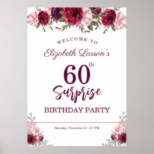 Poster Surprise Senior Anniversaire fête Floral Bourgogne
