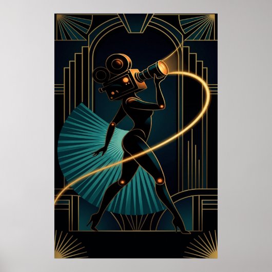 Poster Surreal Art Deco Camera Woman Gold Silhouette (Devant)