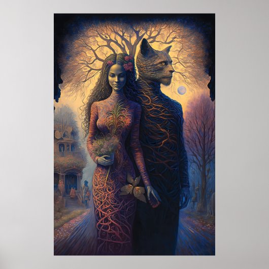 Poster Surreal art. Woman and a cat man holding hands (Devant)
