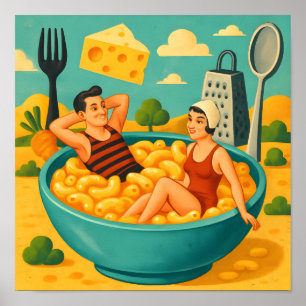 Poster Surreal Couple nage dans un bol de nouilles au fro