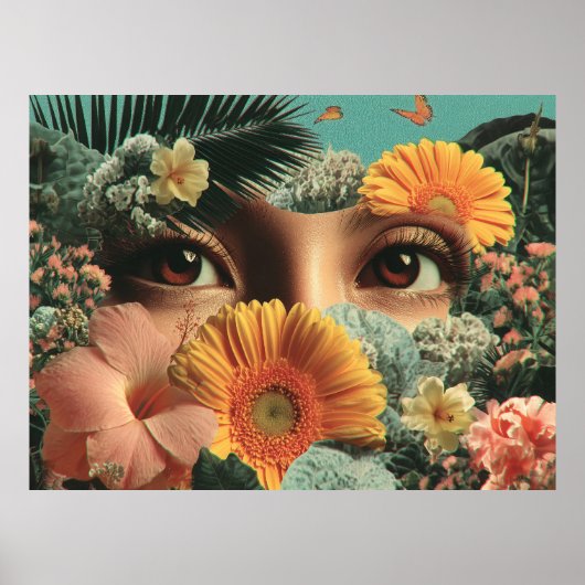 Poster Surreal Eyes and Flowers with Butterflies (Devant)