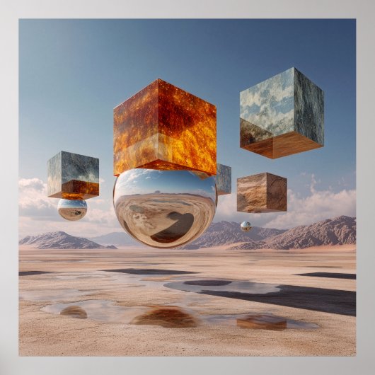 Poster Surreal Floating Cubes And Reflective Sphere (Devant)