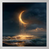 Poster Surreal Golden Crescent Moon Above Ocean (Devant)