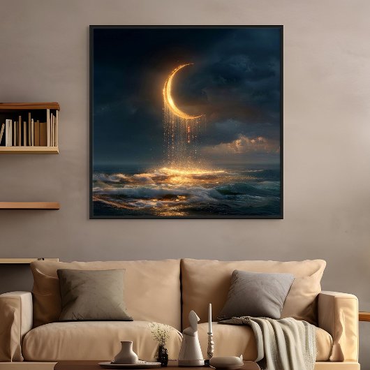 Poster Surreal Golden Crescent Moon Above Ocean