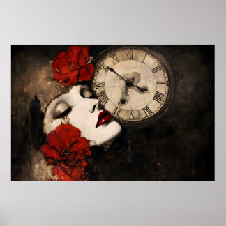 Poster Surreal Gothic Woman with Red Poppies and Vintage 
