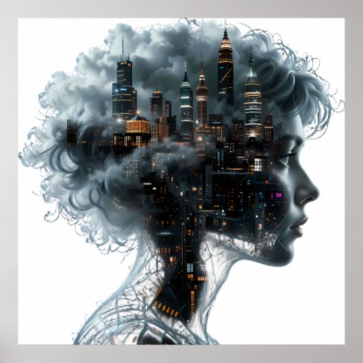 Poster Surreal Mindscape: City within a Woman's Head (Devant)