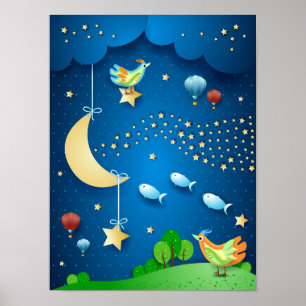 Poster Surreal night with moon and wave of stars