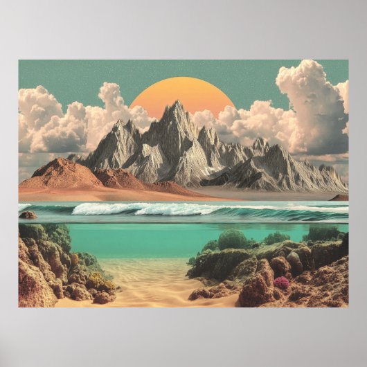 Poster Surreal Ocean and Mountain Landscape with Waves (Devant)