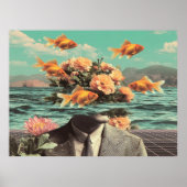 Poster Surreal Portrait With Goldfish Flowers And Ocean (Devant)