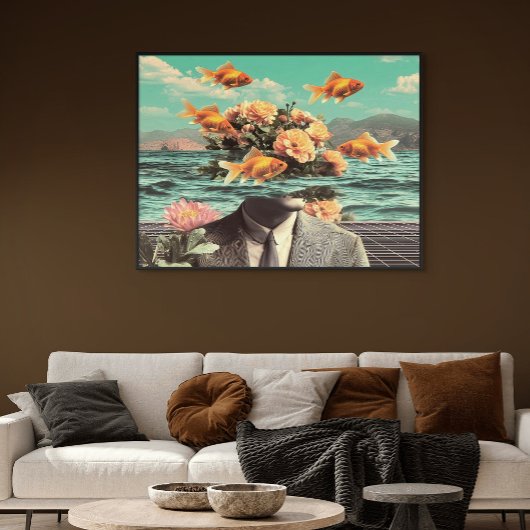 Poster Surreal Portrait With Goldfish Flowers And Ocean