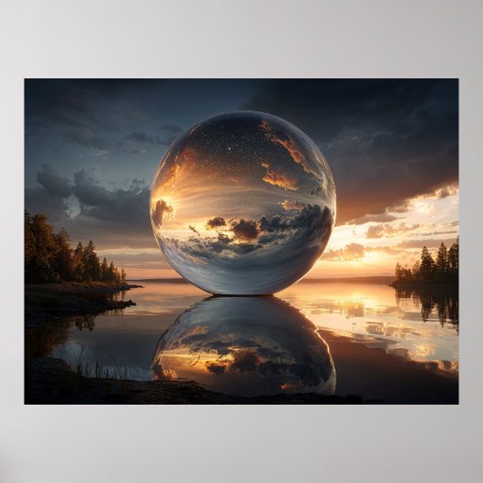 Poster Surreal Reflective Sphere With Sunset Clouds Over (Devant)