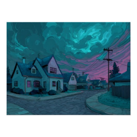 Poster Surreal Teal Twilight Suburb Scene (Devant)