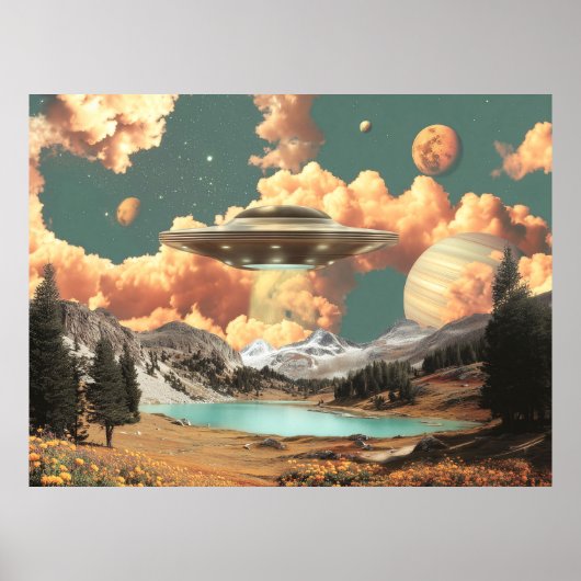 Poster Surreal UFO Above Mountain Lake with Planets (Devant)