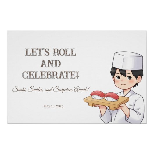 Poster Sushi Birthday Party Invitation with Cute Anime  (Devant)