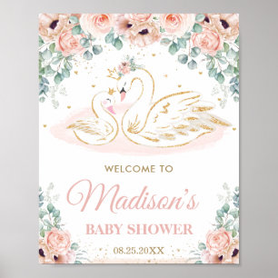 Poster Swan Princess Blush Floral Baby shower Bienvenue