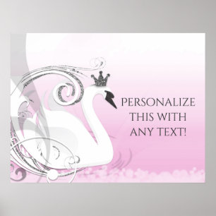 Poster Swan Princess Silver White Pink Baby shower Party