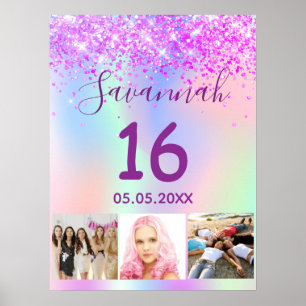 Poster Sweet 16 anniversaire violet rose holographique ph