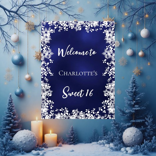 Poster Sweet 16 blue snowflakes welcome