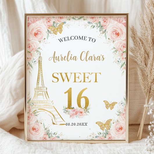 Poster Sweet 16 Blush Floral Paris Eiffel Champagne